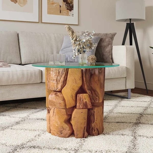 Coffee Table with Honey Tan Driftwood Base and Glass Top