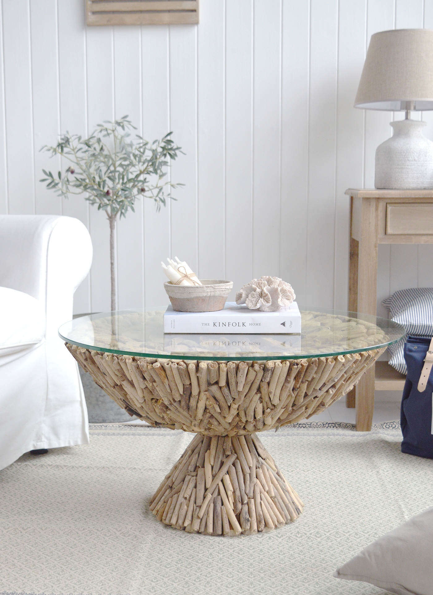 Coffee Table with Hourglass Pedestal and Glass Topped Base