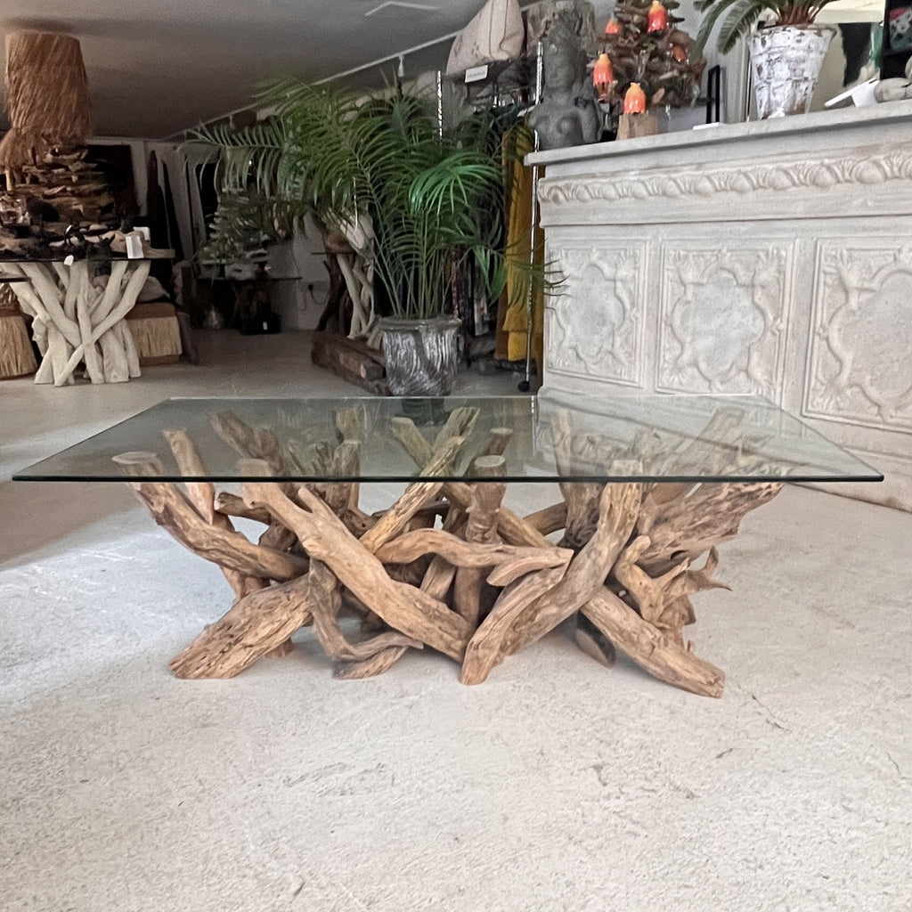 Coffee Table with Intertwined Sculptural Wood and Glass Top