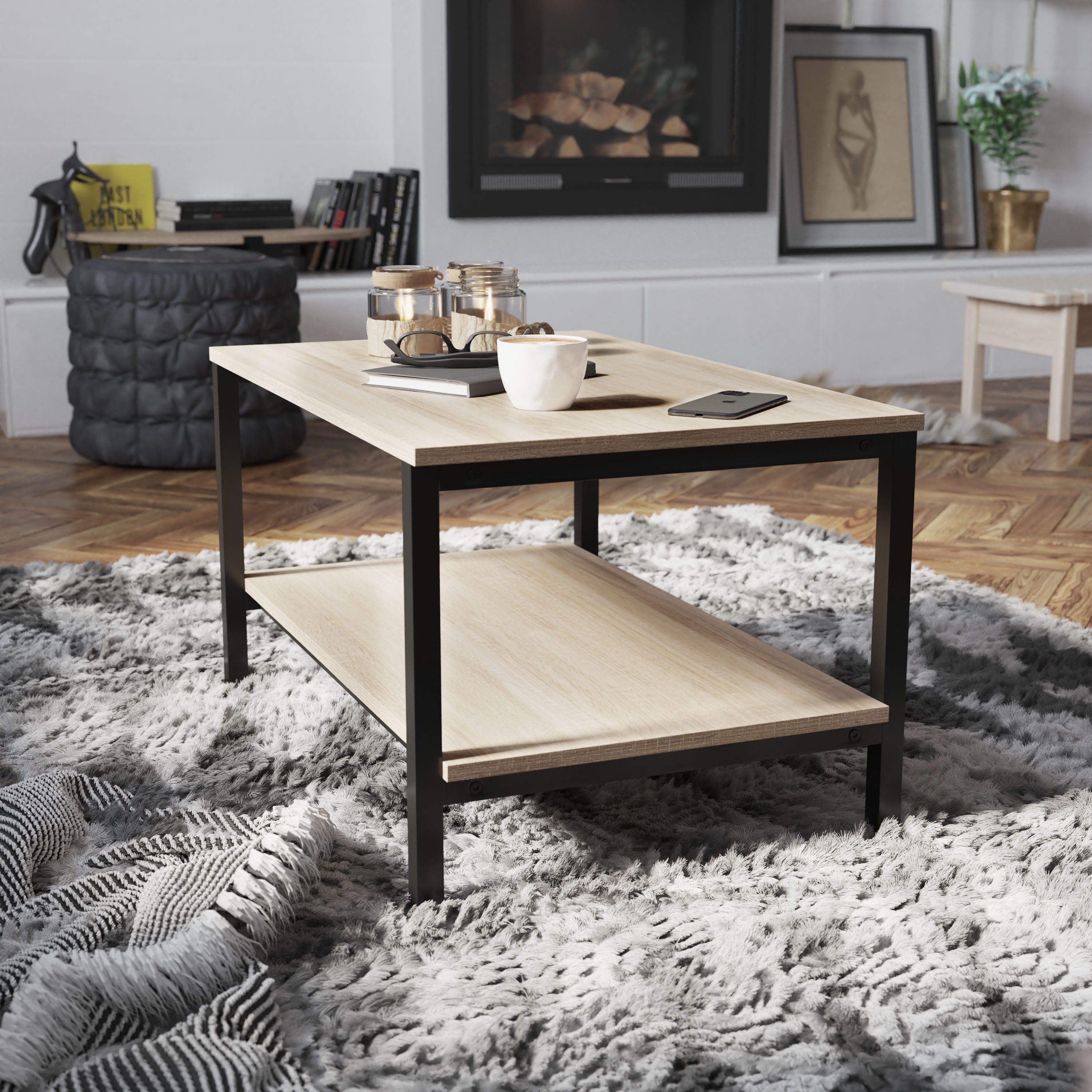 Coffee Table with Lower Shelf and Modern Industrial Frame