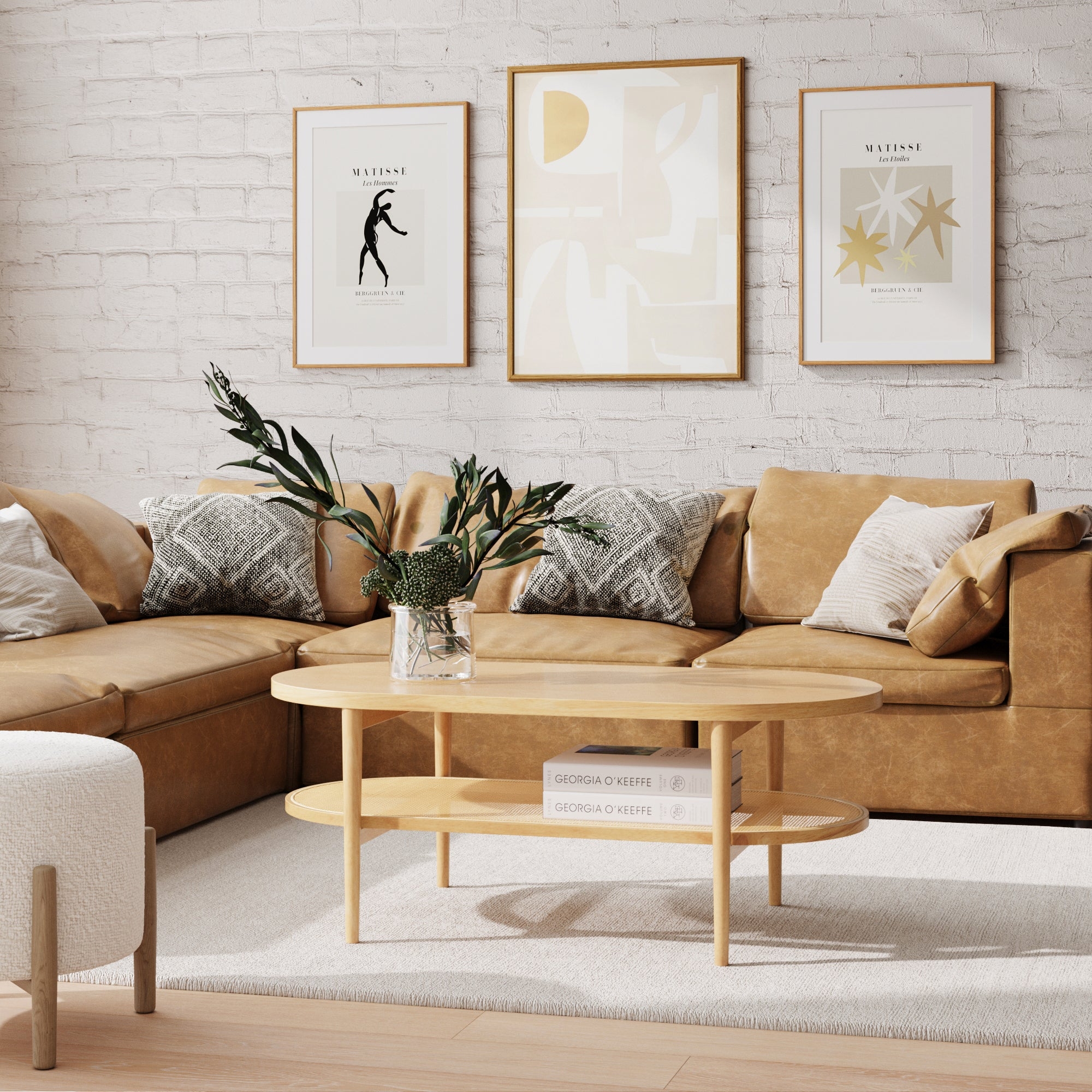 Coffee Table with Rattan Cane Shelf and Oval Warm Pine Top