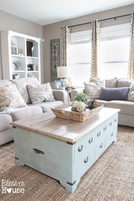 Coffee Table with Seafoam Painted Base and Farmhouse Trunk Coffee Table