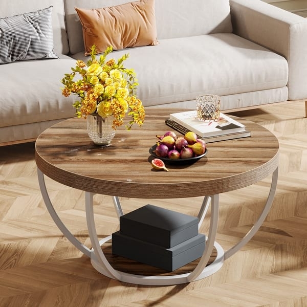 Coffee Table with Two Tier Round Shelf and Curved Legs
