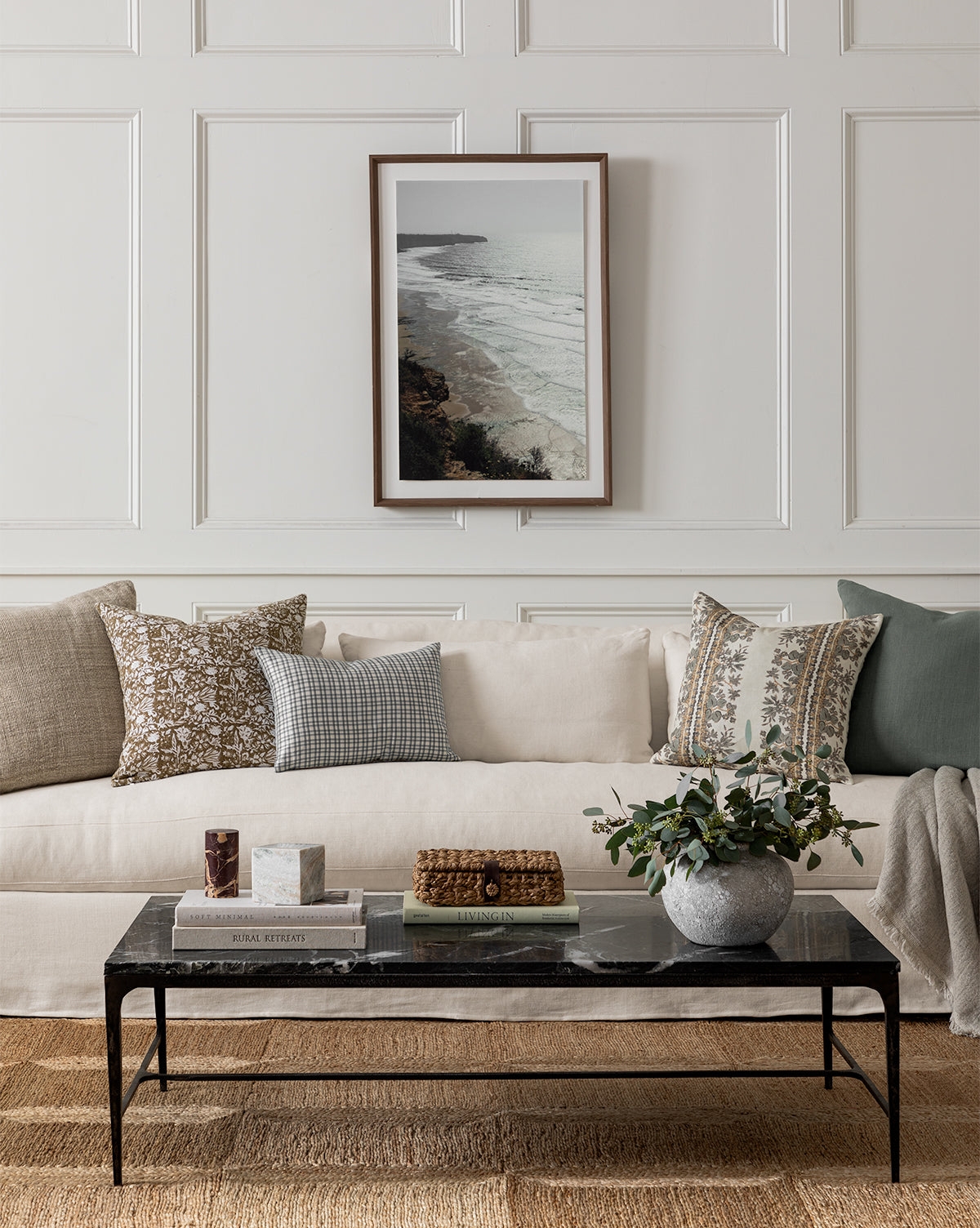 Coffee Table with Veined Stone Top and Minimalist Metal Frame