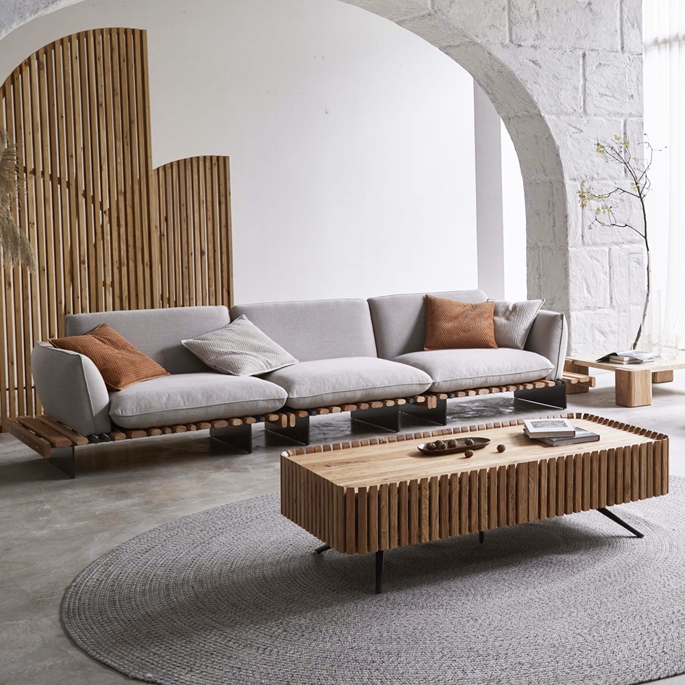 Coffee Table with Vertical Slats and Ribbed Wood Texture