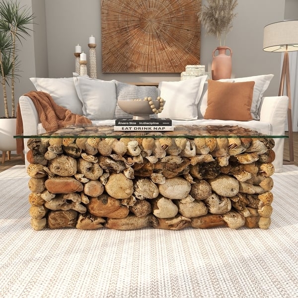 Coffee Table with Wood-Stacked Collage and Rectangular Top