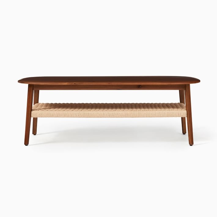 Coffee Table Woven Shelf Mid-Century Tapered Wood Leg