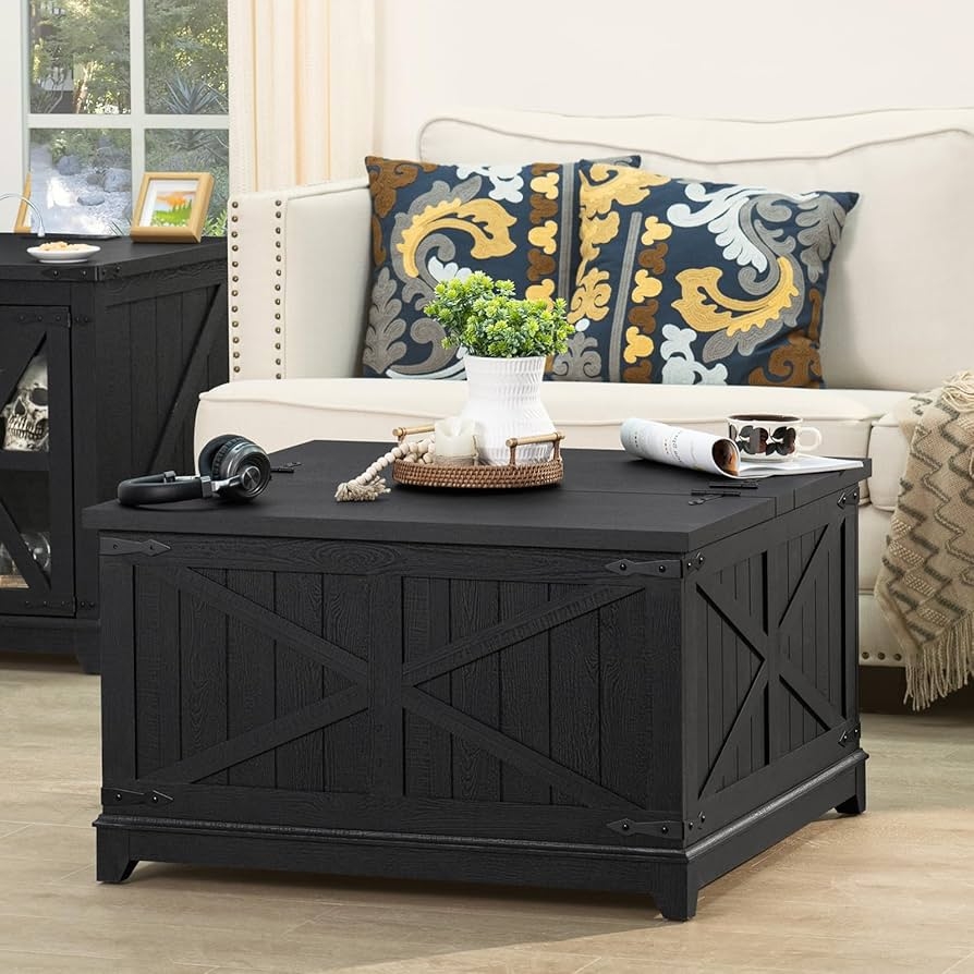 Coffee Table X-Brace Panels Storage Trunk Black Wood