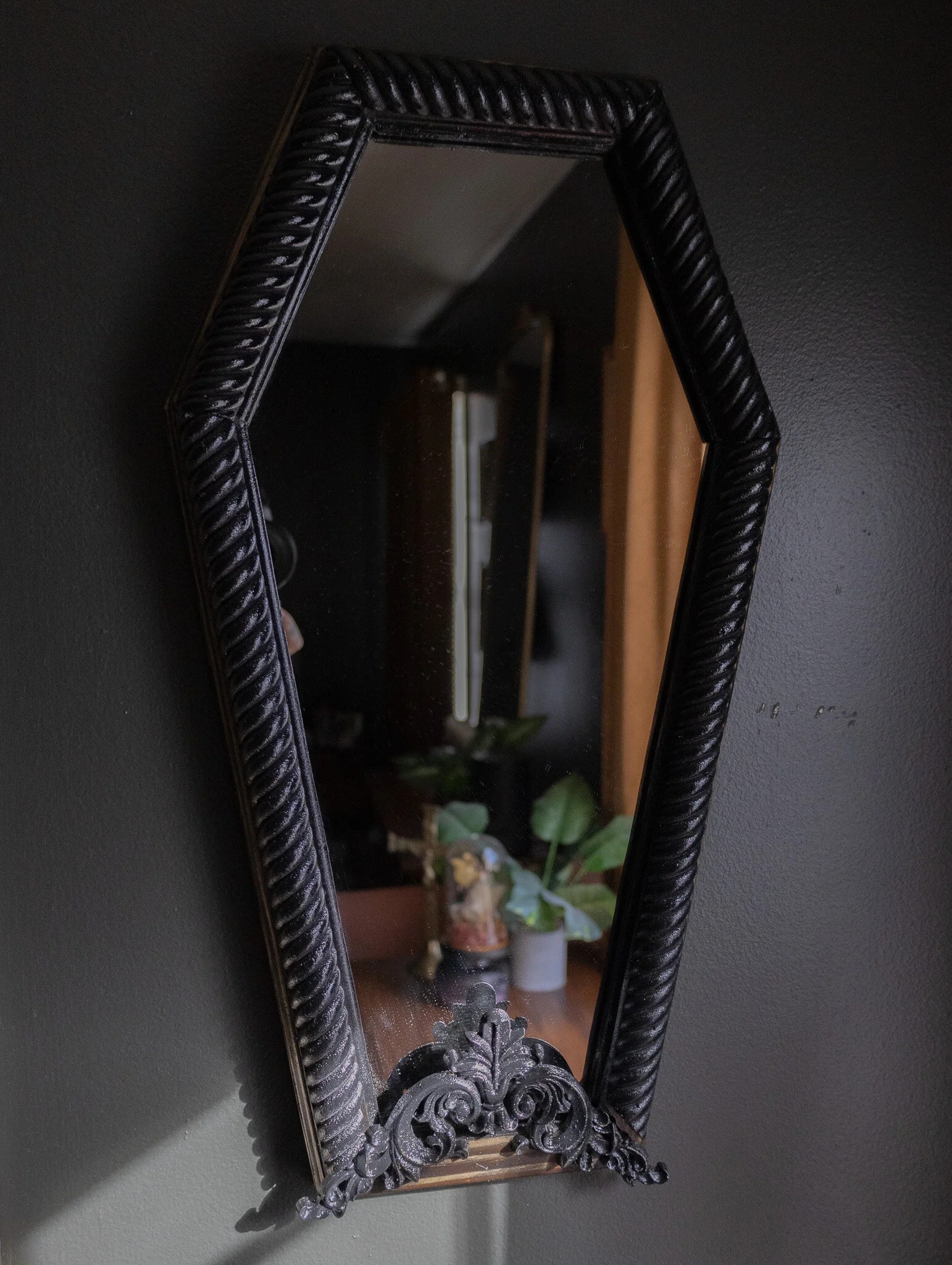 Coffin Mirror with Twisted Rope Frame, Gothic Wall Decor