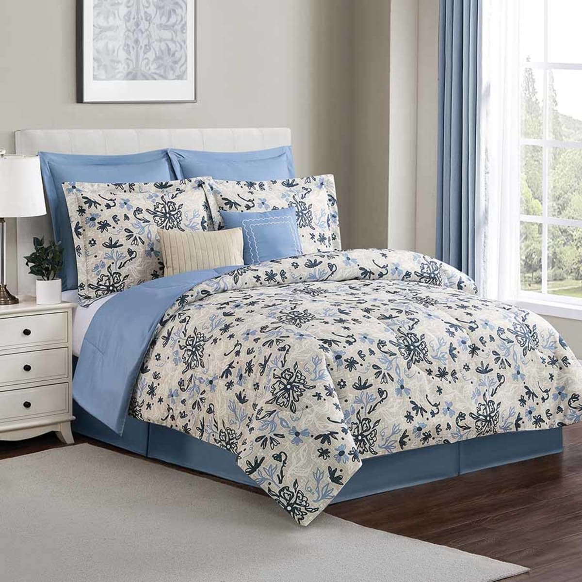 Comforter Set 8 Piece Set Blue Floral Pattern Bedding