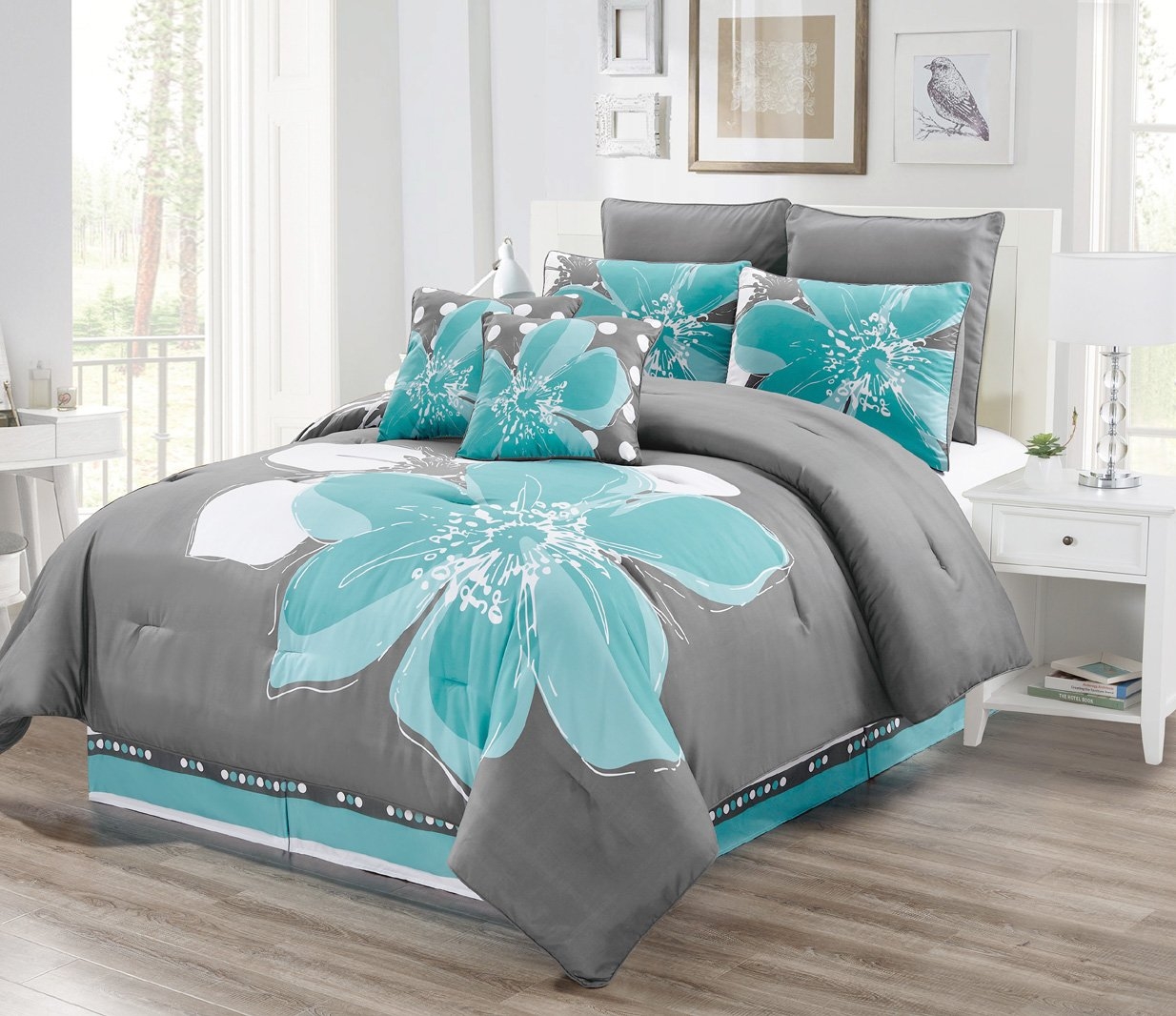 Comforter Set Aqua Floral Motif Polka Dot Accents