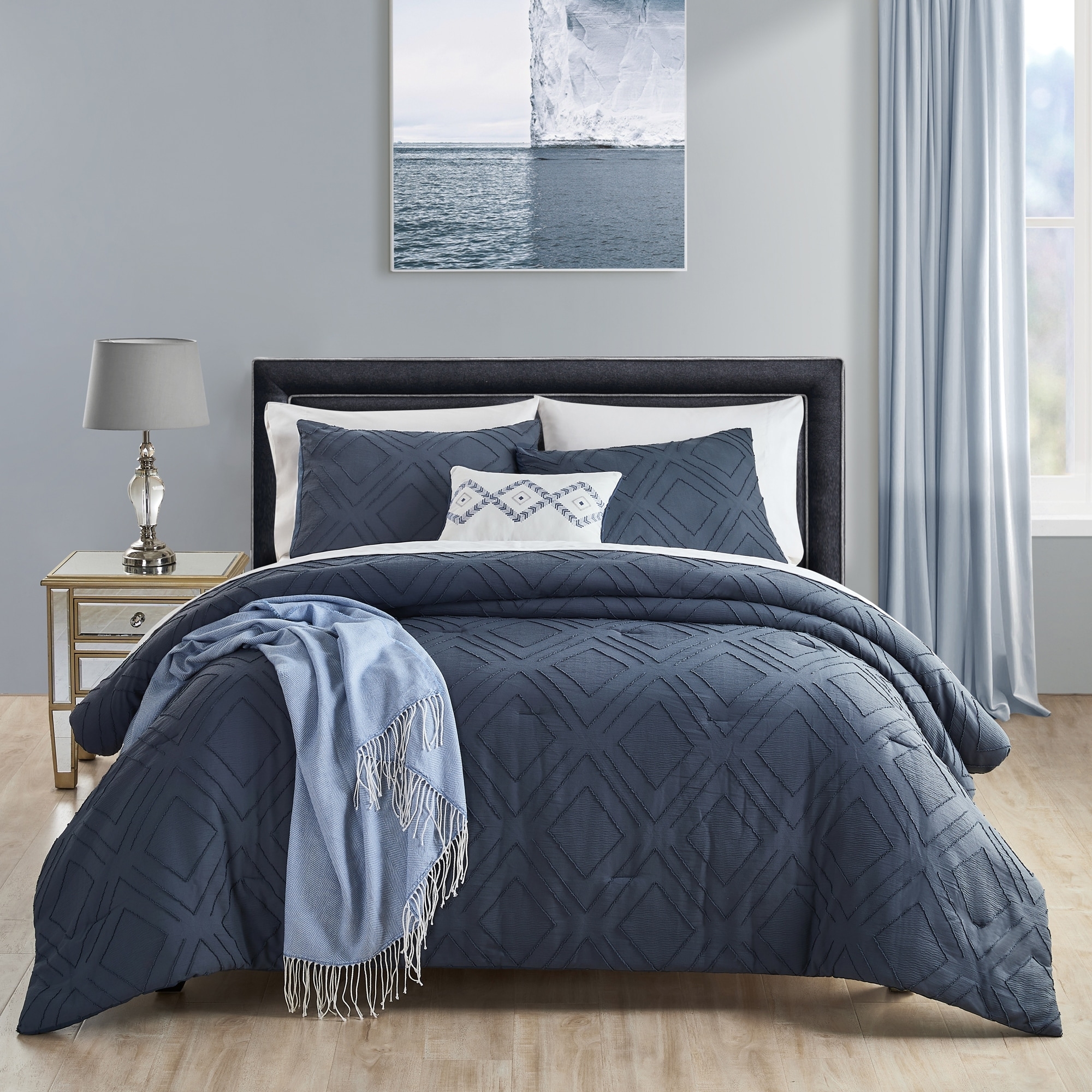 Comforter Set Clipped Jacquard Navy Blue Monotone