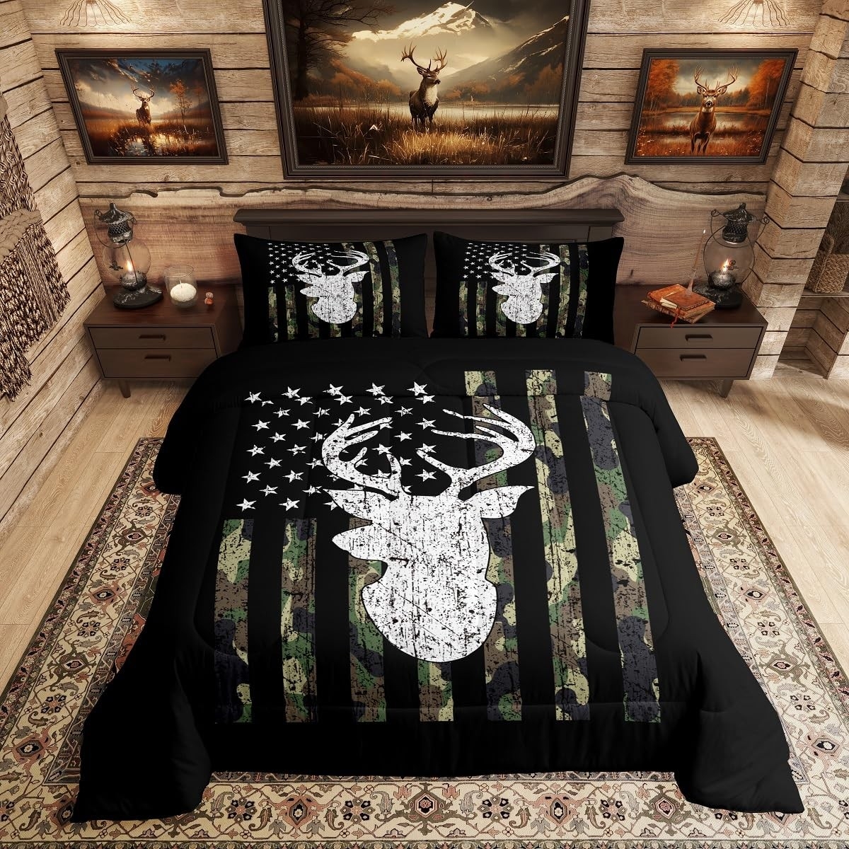 Comforter Set: Distressed Deer Head with Camouflage Stripes