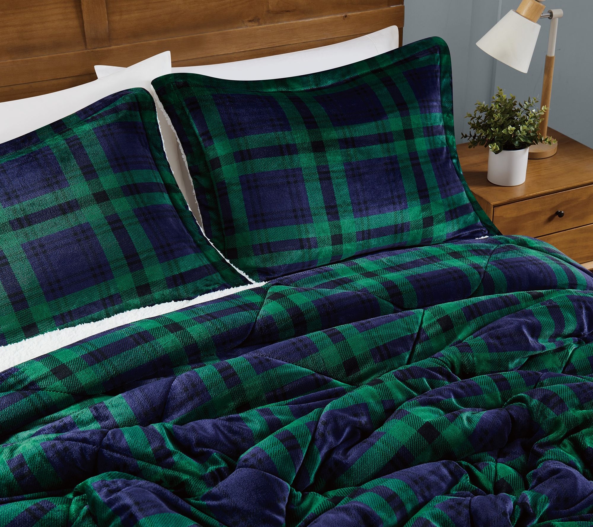 Comforter Set: Emerald Tartan Plaid Plush Fleece Bedding