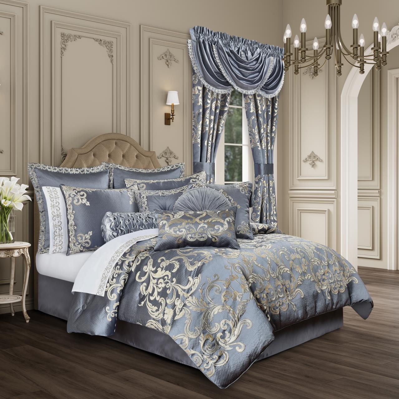 Comforter Set Multi Layered Damask Powder Blue Bedding