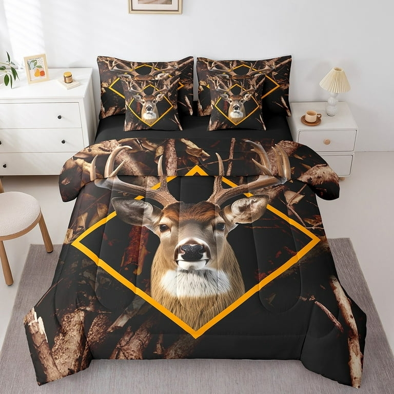 Comforter Set: Photorealistic Deer Print with Yellow Diamond