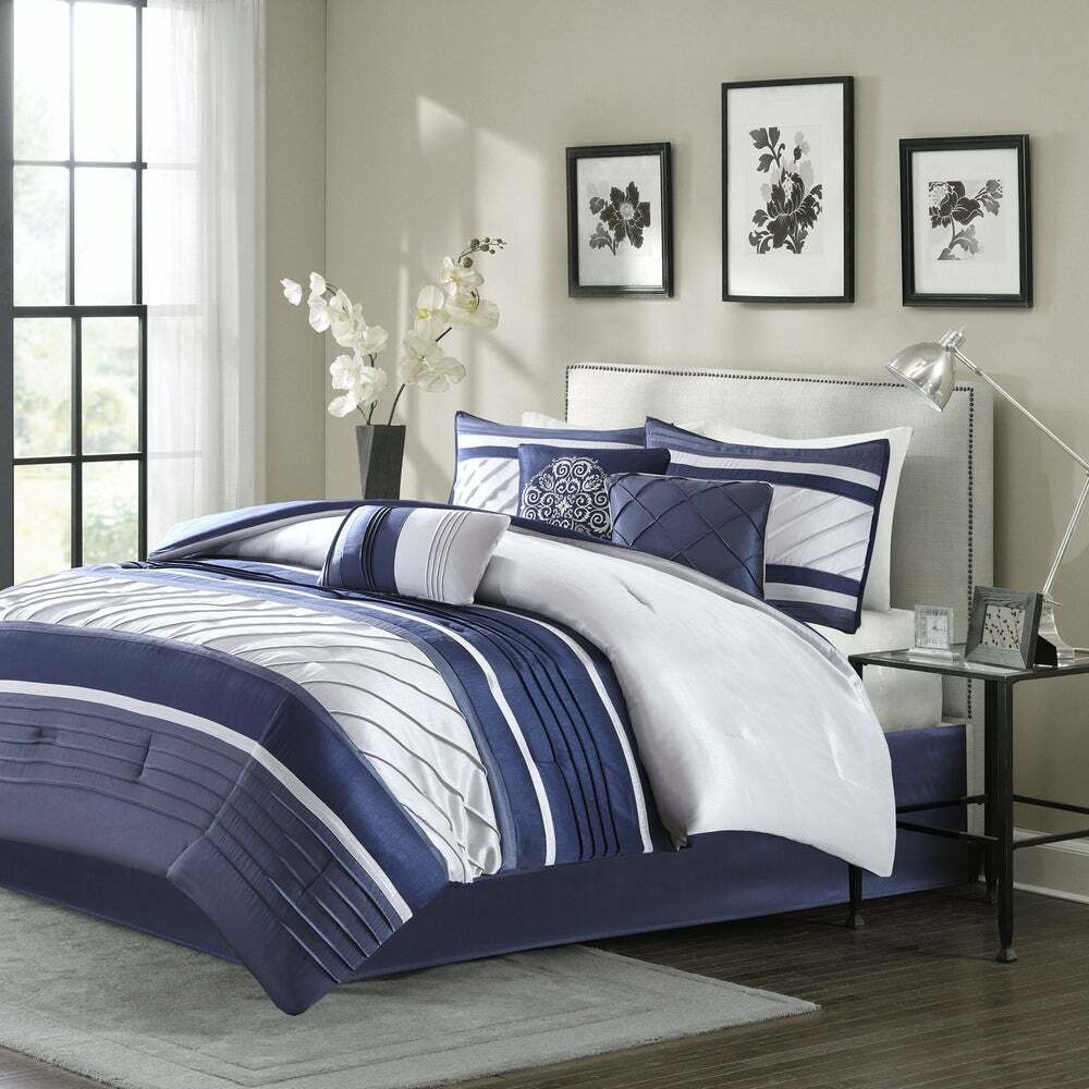 Comforter Set Pintuck Texture Navy White Stripes