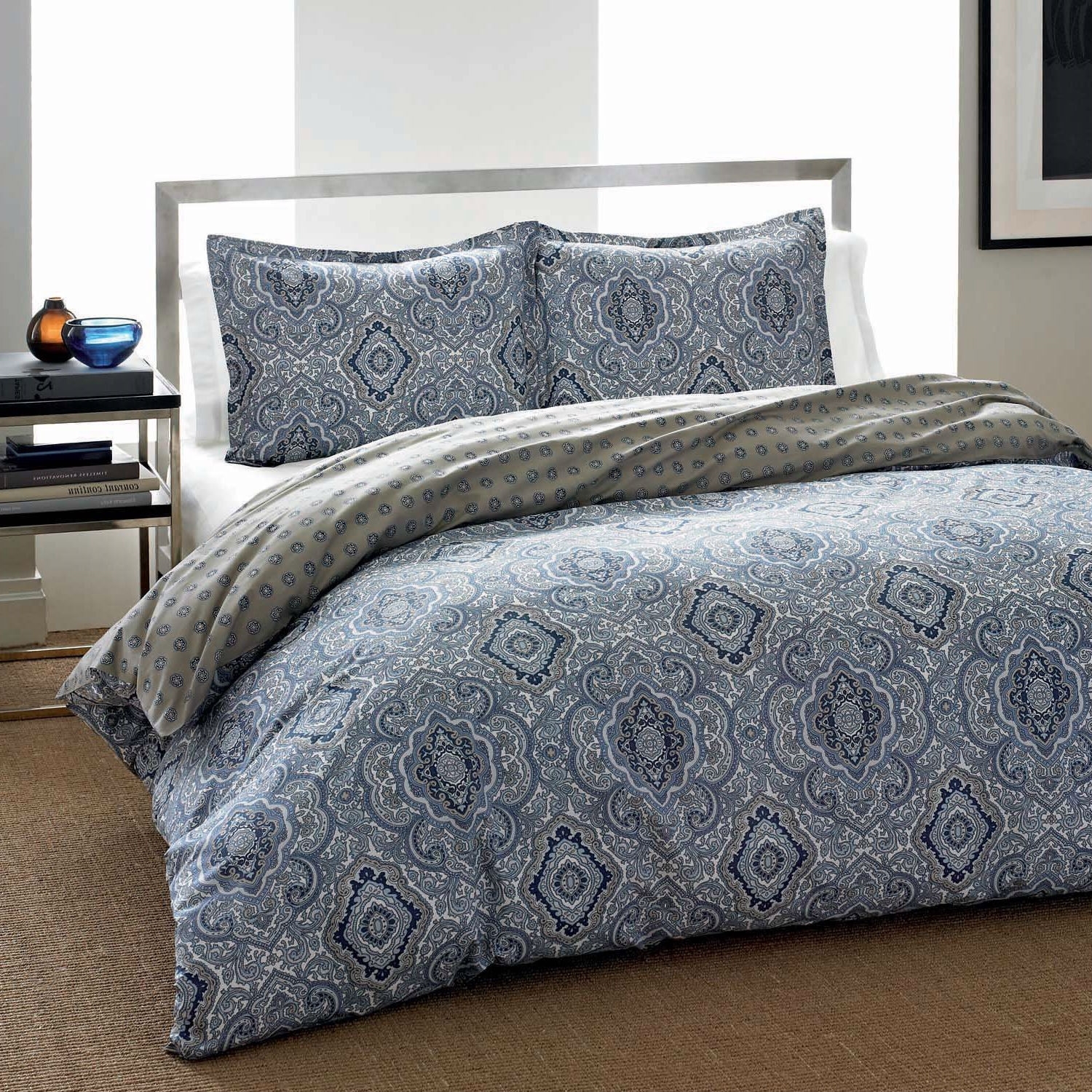 Comforter Set Reversible Damask Blue Gray Palette