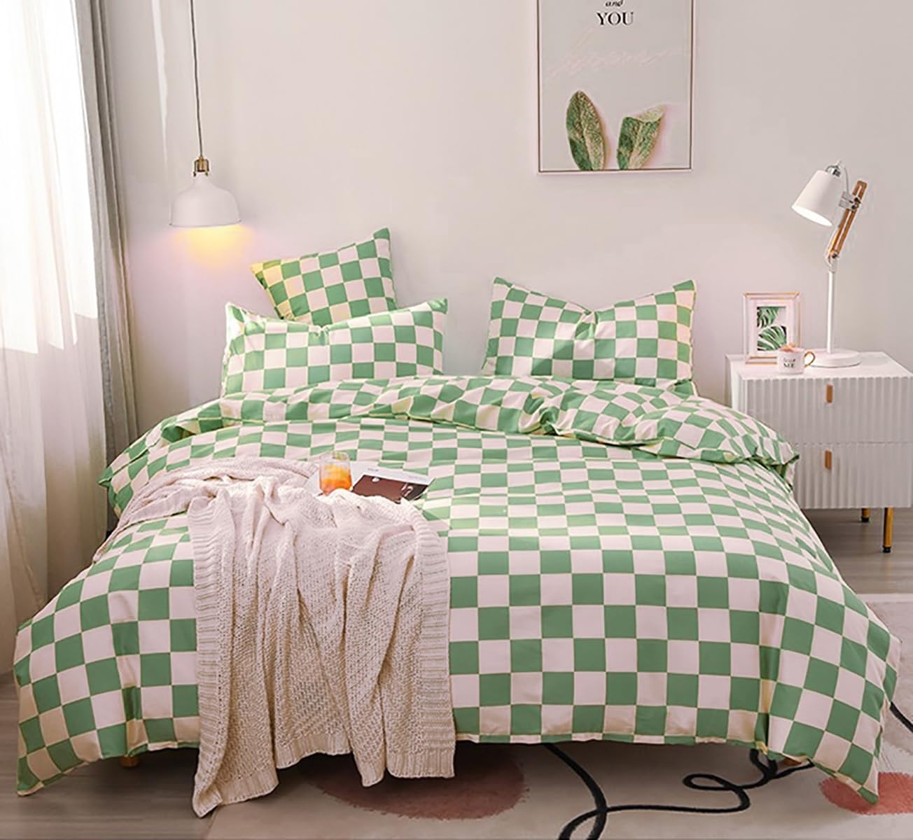 Comforter Set: Sage Checkered Pattern Minimalist Bedroom
