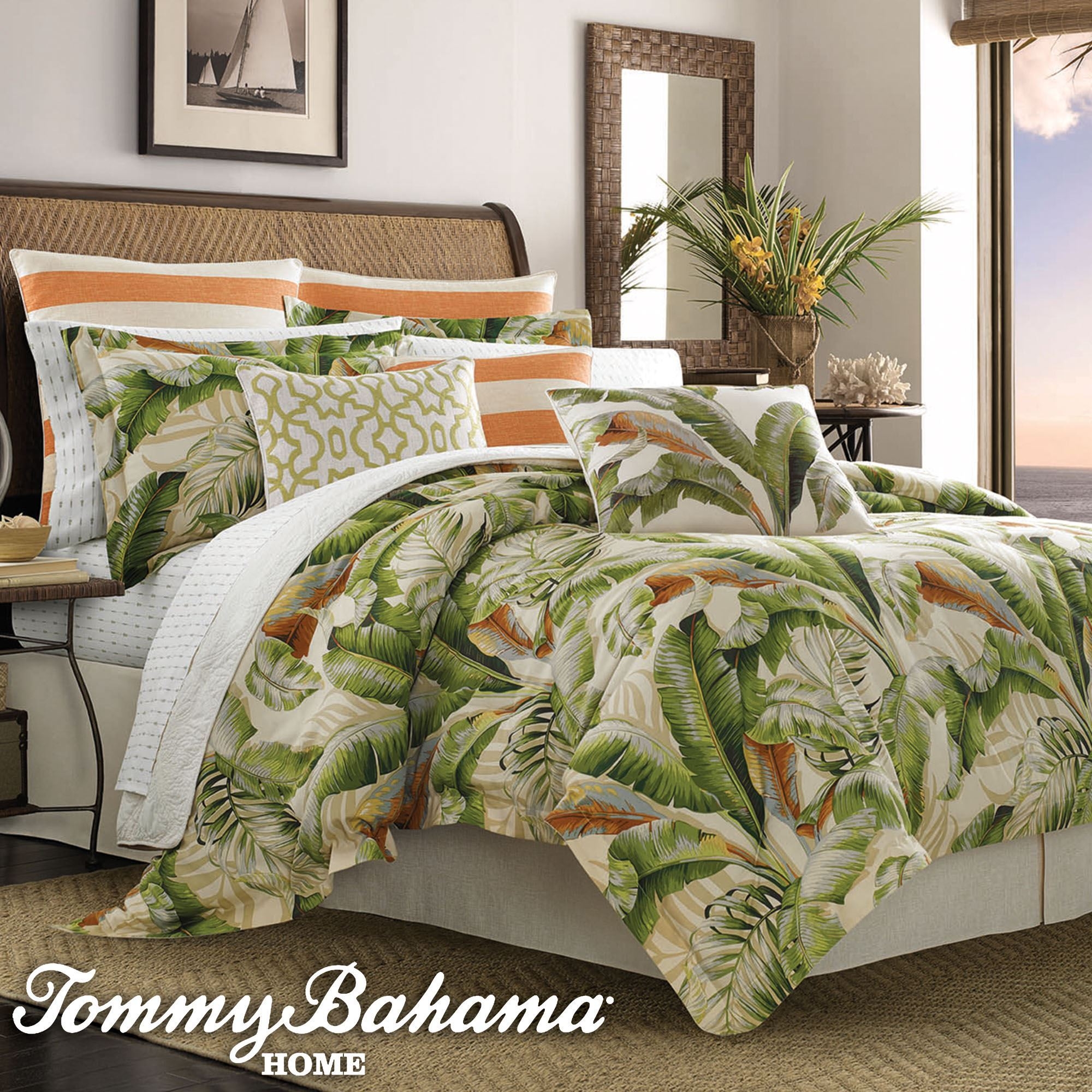 Comforter Set with Orange Striped Shams and Rattan Texture