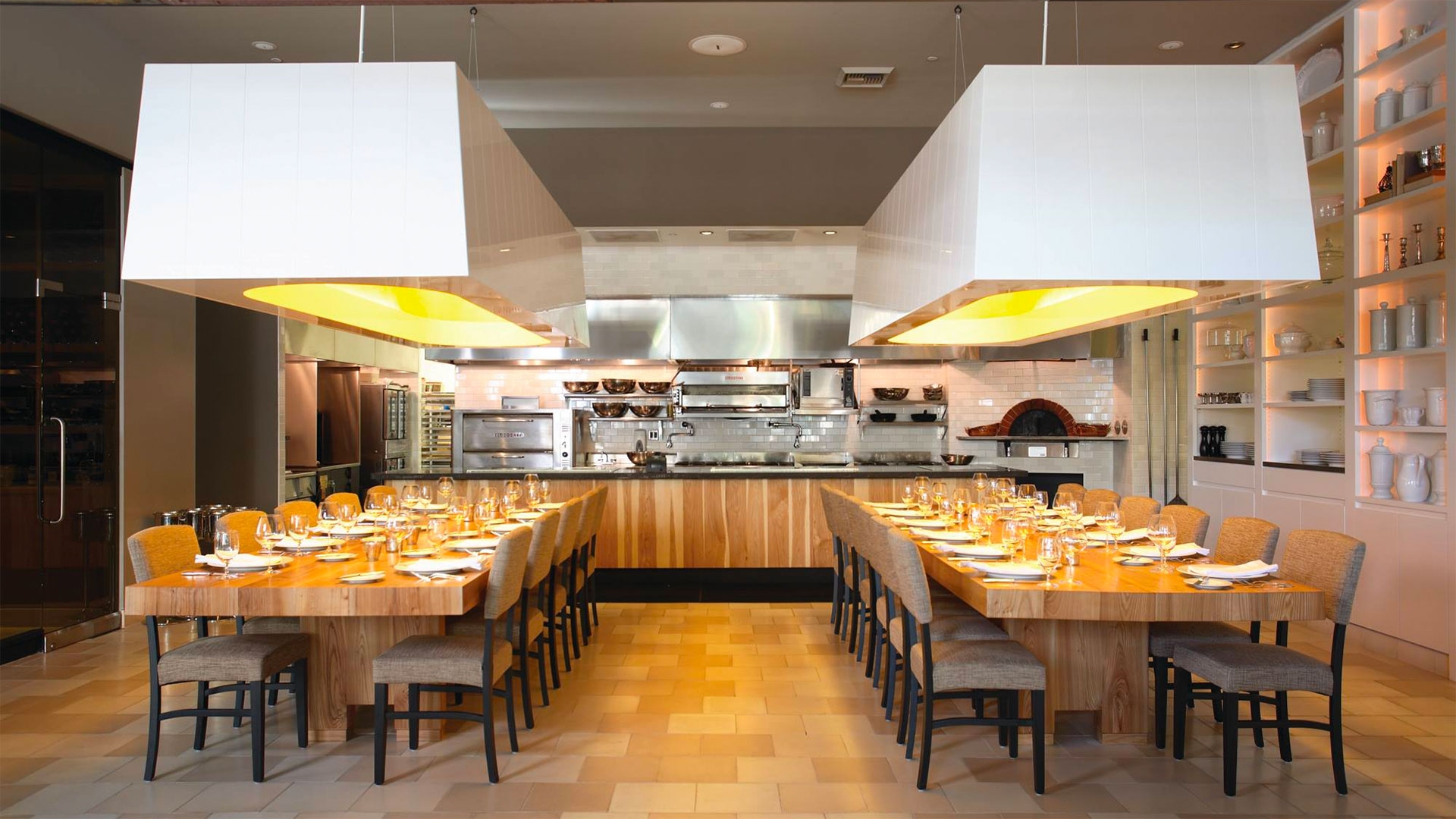 Communal Dining Table Thick Slab Top With Oversized Pendant