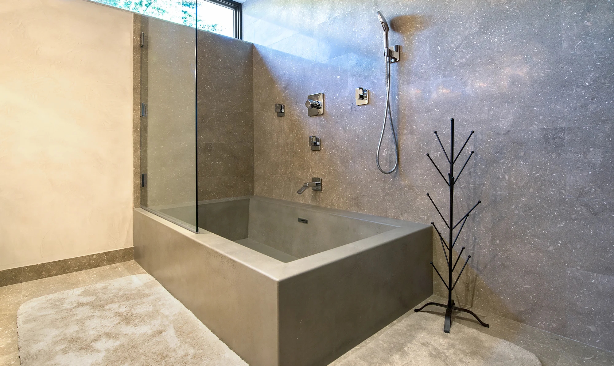 Concrete Bathtub with Architectural Towel Rack, Custom Design