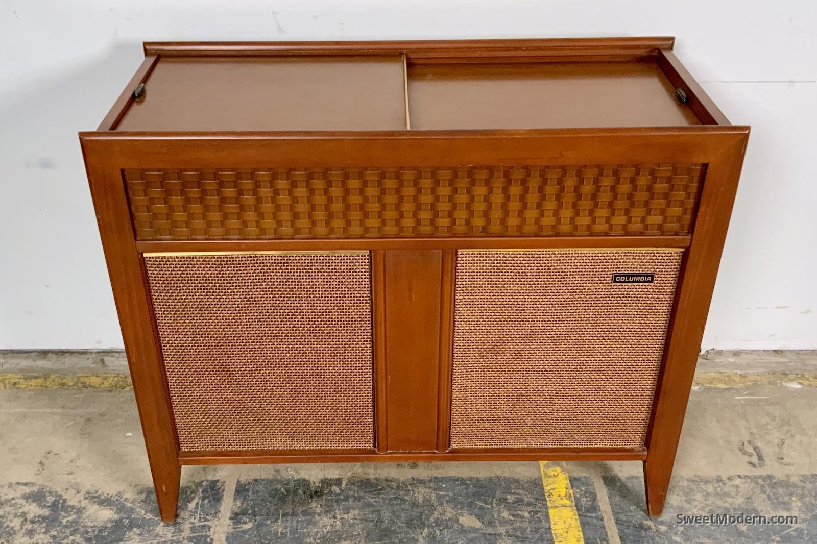 Console Record Player Basket Weave Detail Sliding Top