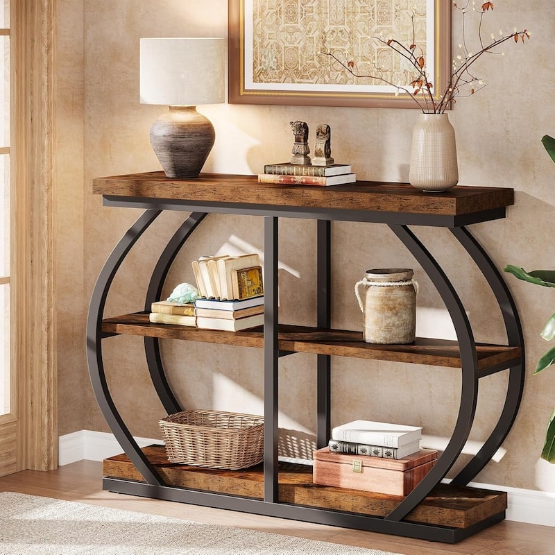 Console Table Arched Metal Frame Three Tier Shelving Black