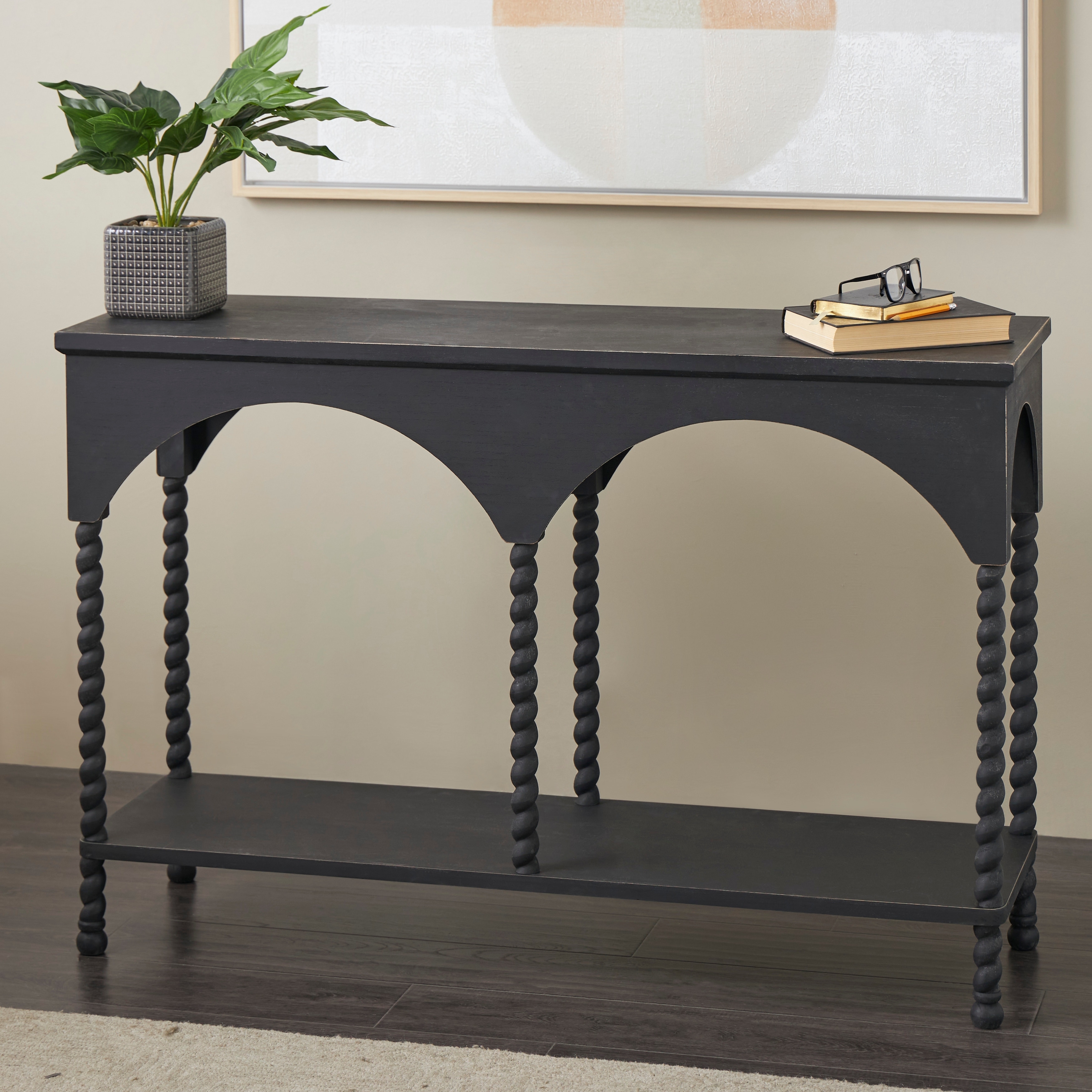 Console Table Barley Twist Legs Arched Apron Black Foyer