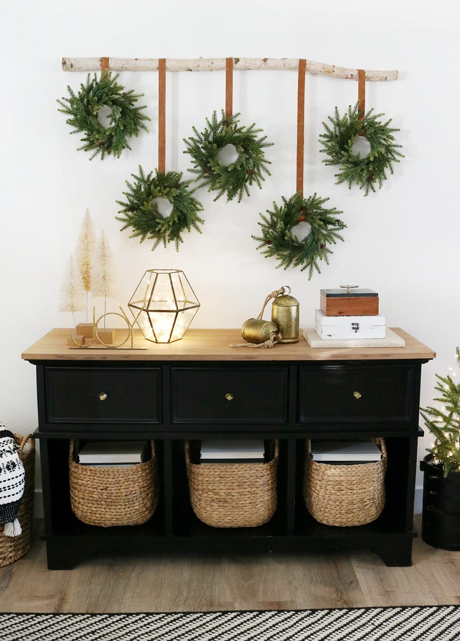 Console Table Birch Branch Hanging Staggered Wreath Display