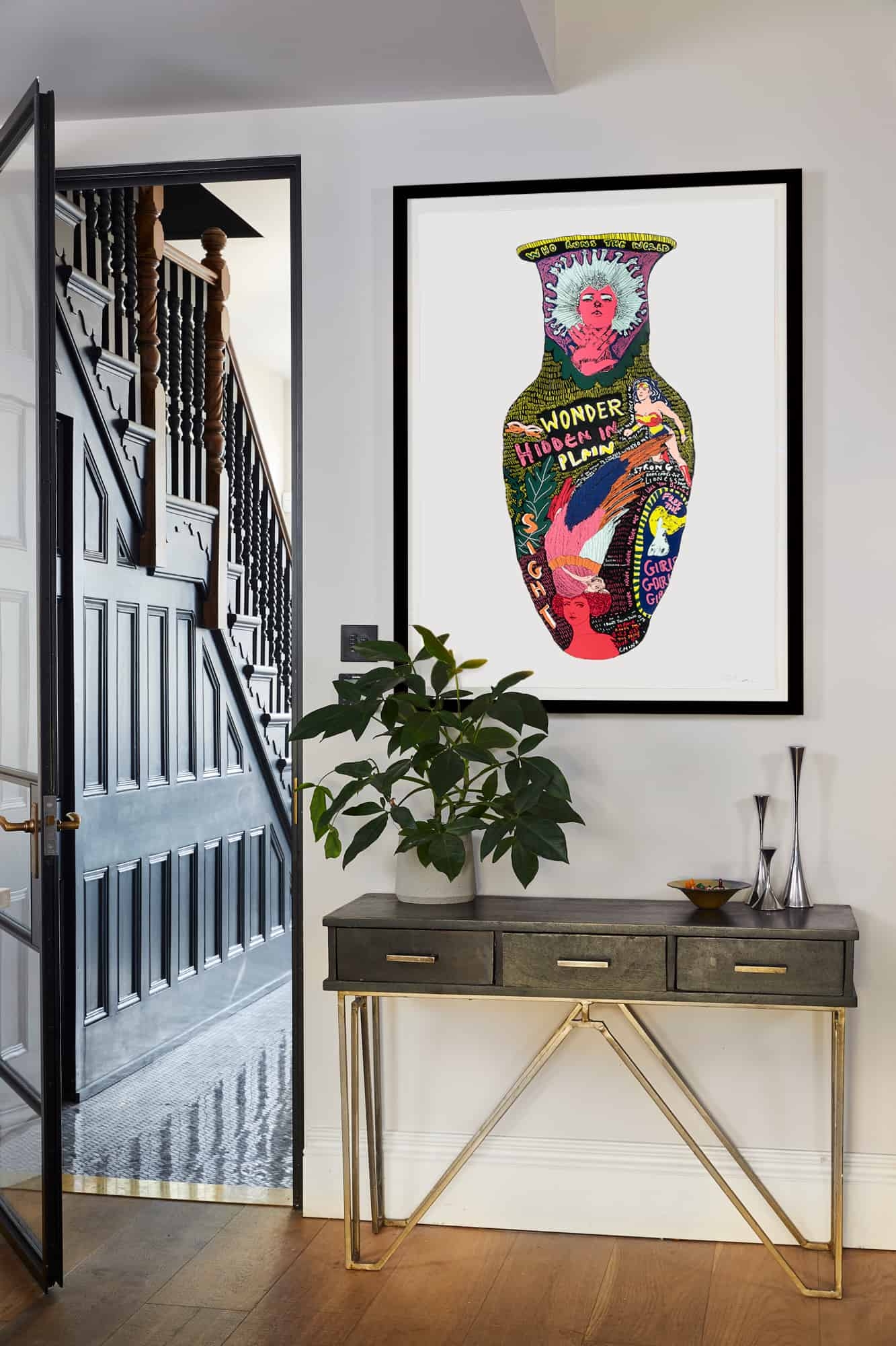 Console Table Charcoal Drawers Gold Geometric Base Art
