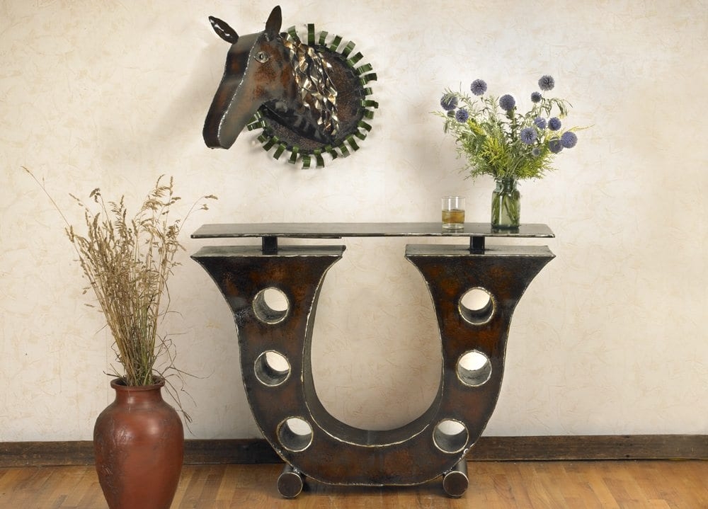 Console Table: Circular Cutouts Industrial Metal Entry Furniture