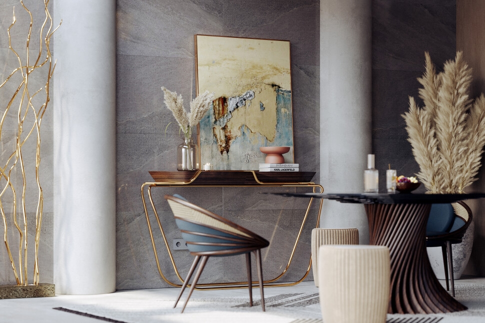 Console Table: Geometric Metallic Base Walnut Tones Luxury Decor