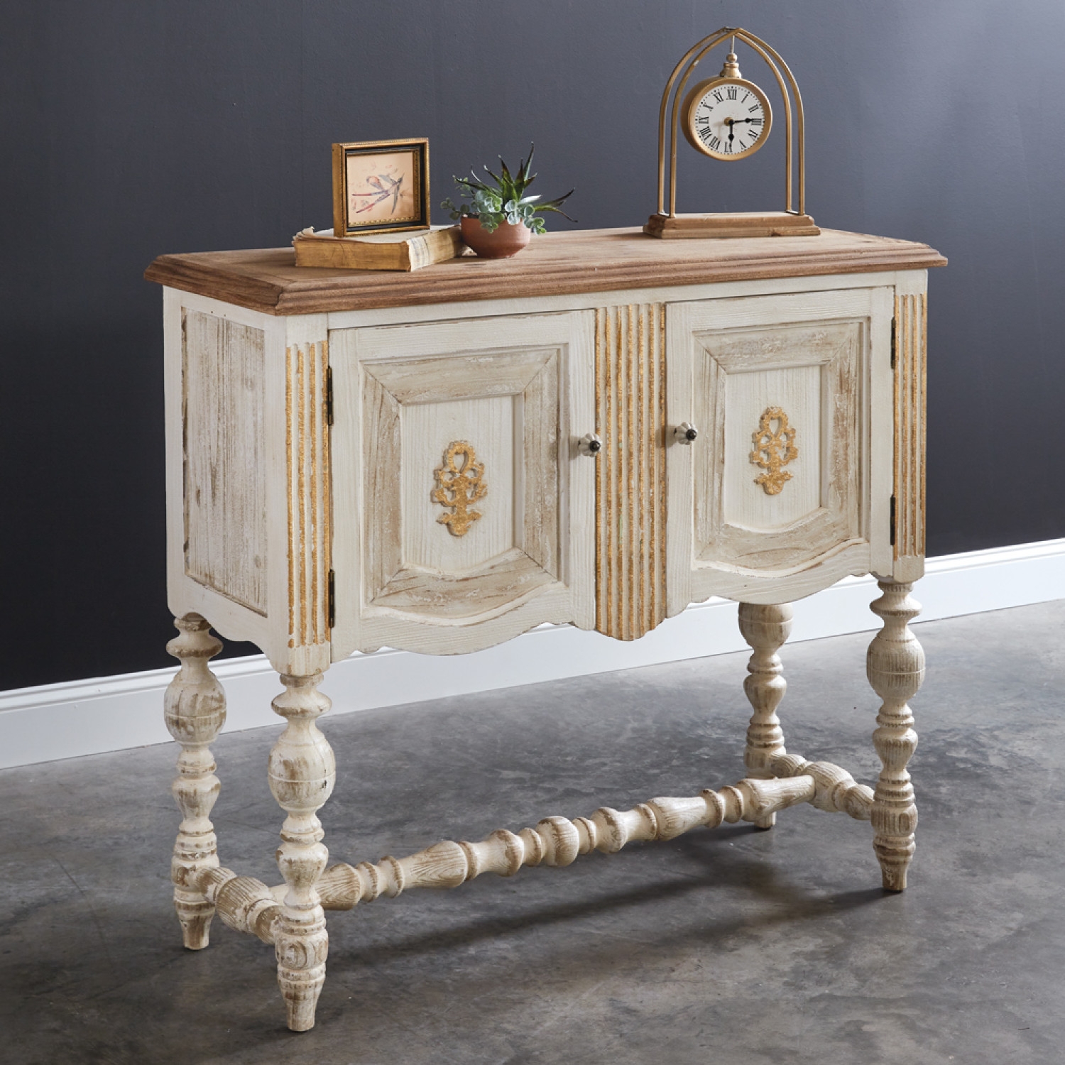 Console Table Gold Medallions Distressed Farmhouse Cabinet