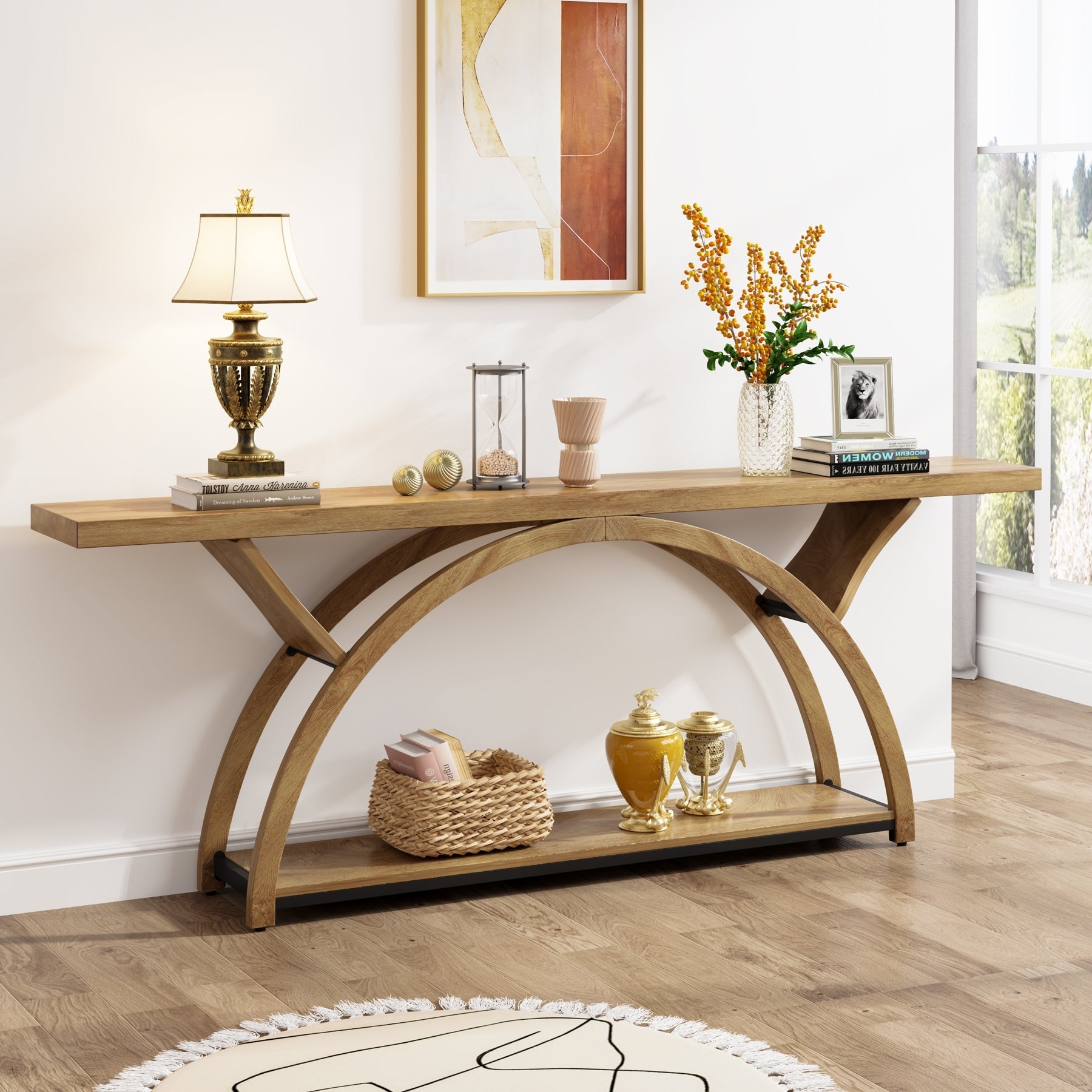 Console Table: Half Moon Frame Two Tier Light Brown Sofa Unit