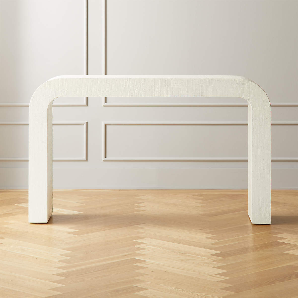 Console Table: Ivory Lacquered Linen Horseshoe Entry Table