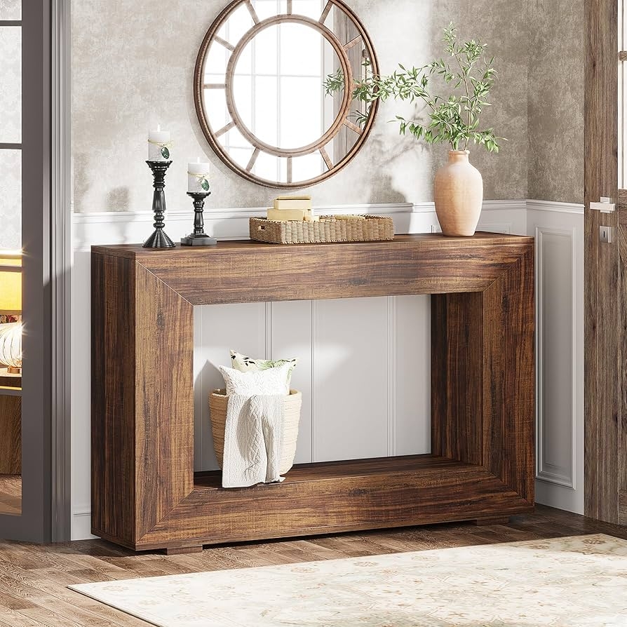 Console Table: Mitered Corners Thick Frame Walnut Foyer Accent