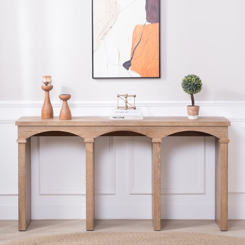 Console Table Natural Wood Triple Arch Long Architectural