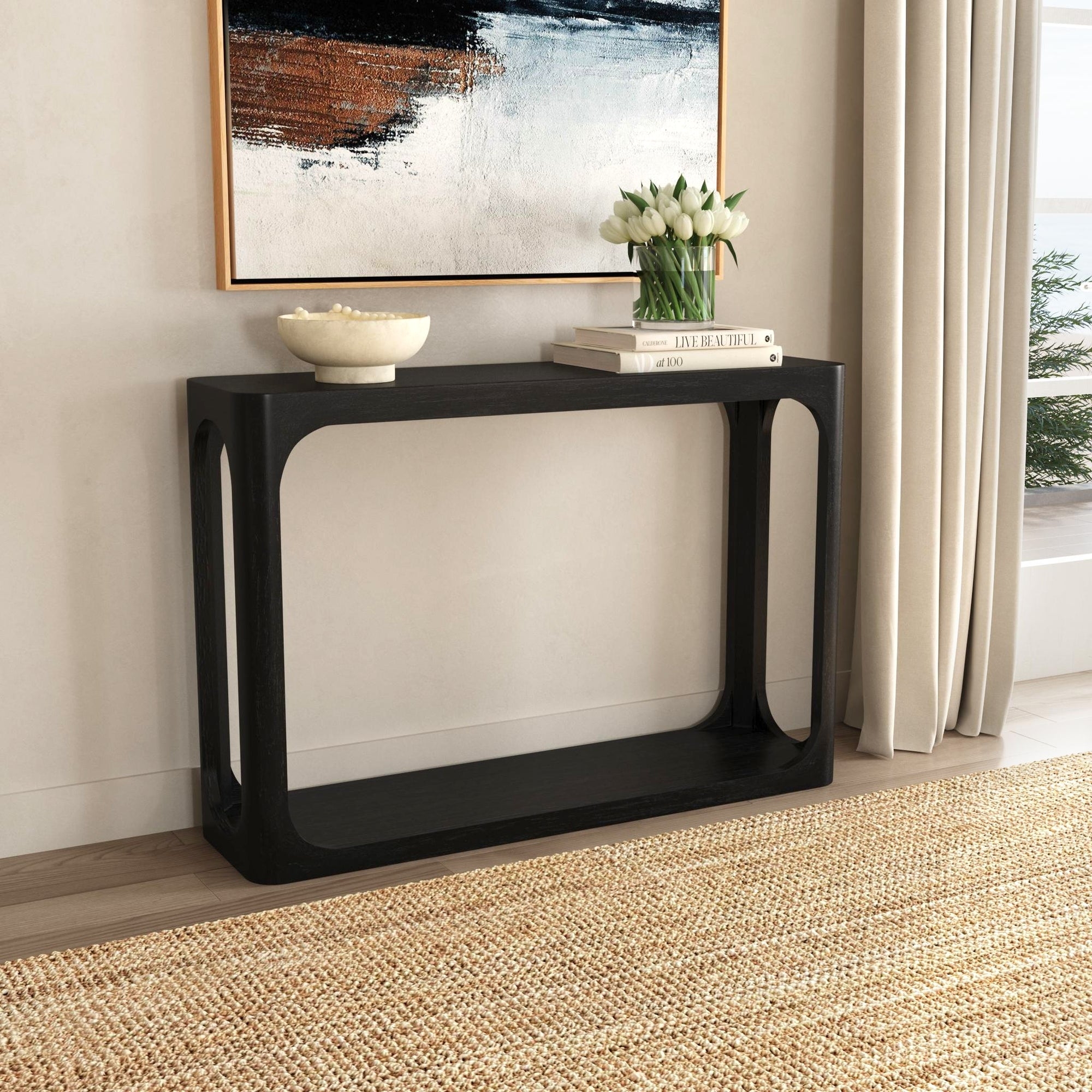Console Table Pill Shaped Cutouts Matte Black Entryway Table