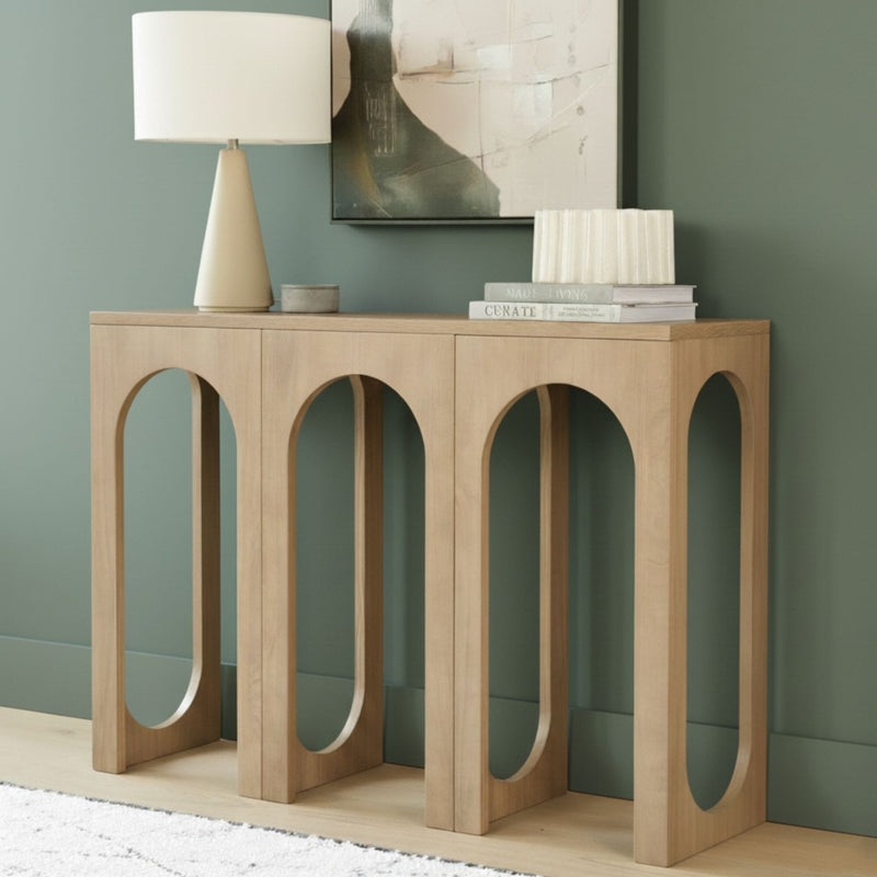 Console Table Pill Shaped Openings Arched Cutouts Wood Stand