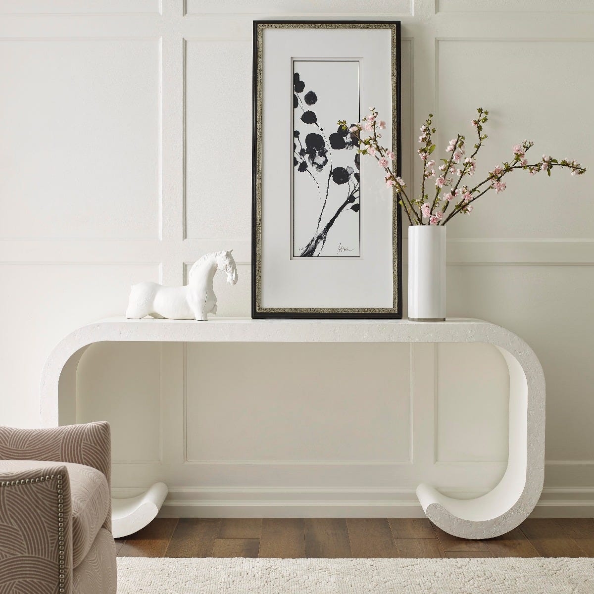 Console Table: Scroll Base Textured Matte White Hallway Table