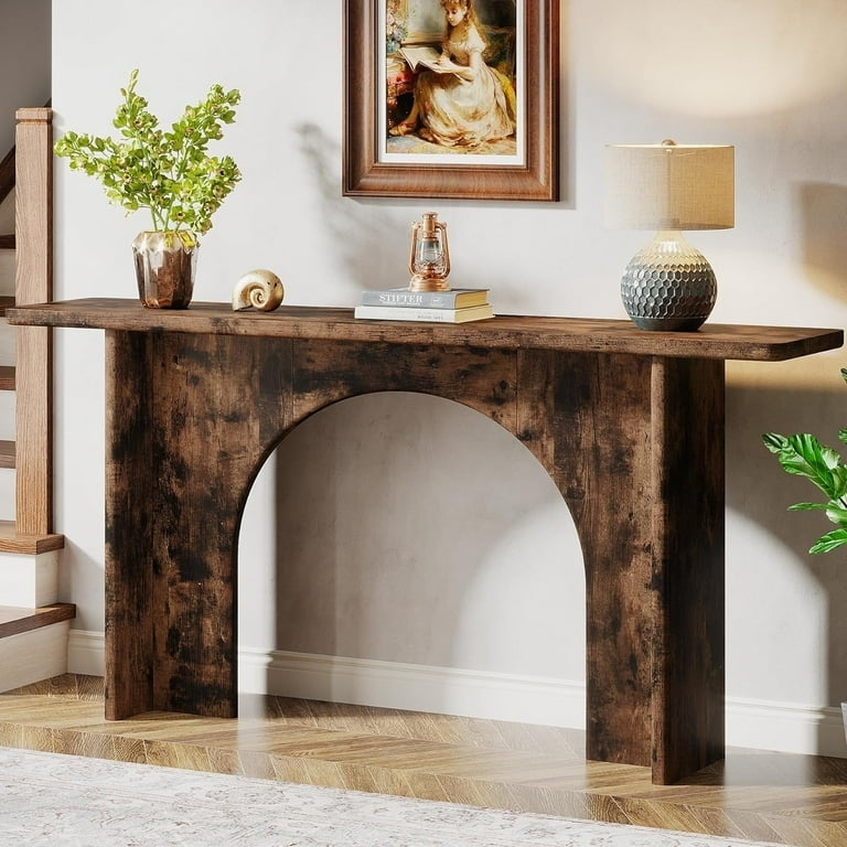 Console Table Slab Sides Arched Brace Dark Walnut Wood