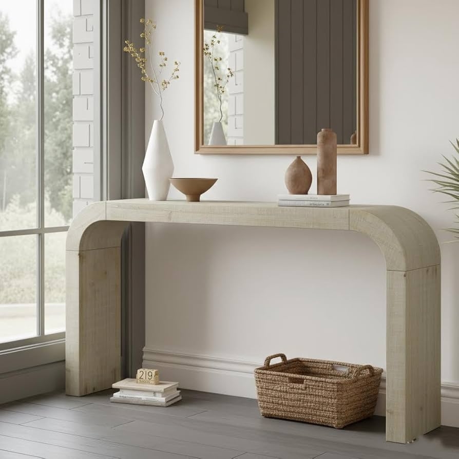 Console Table: Textured Natural Oak Wood Curved Foyer Table