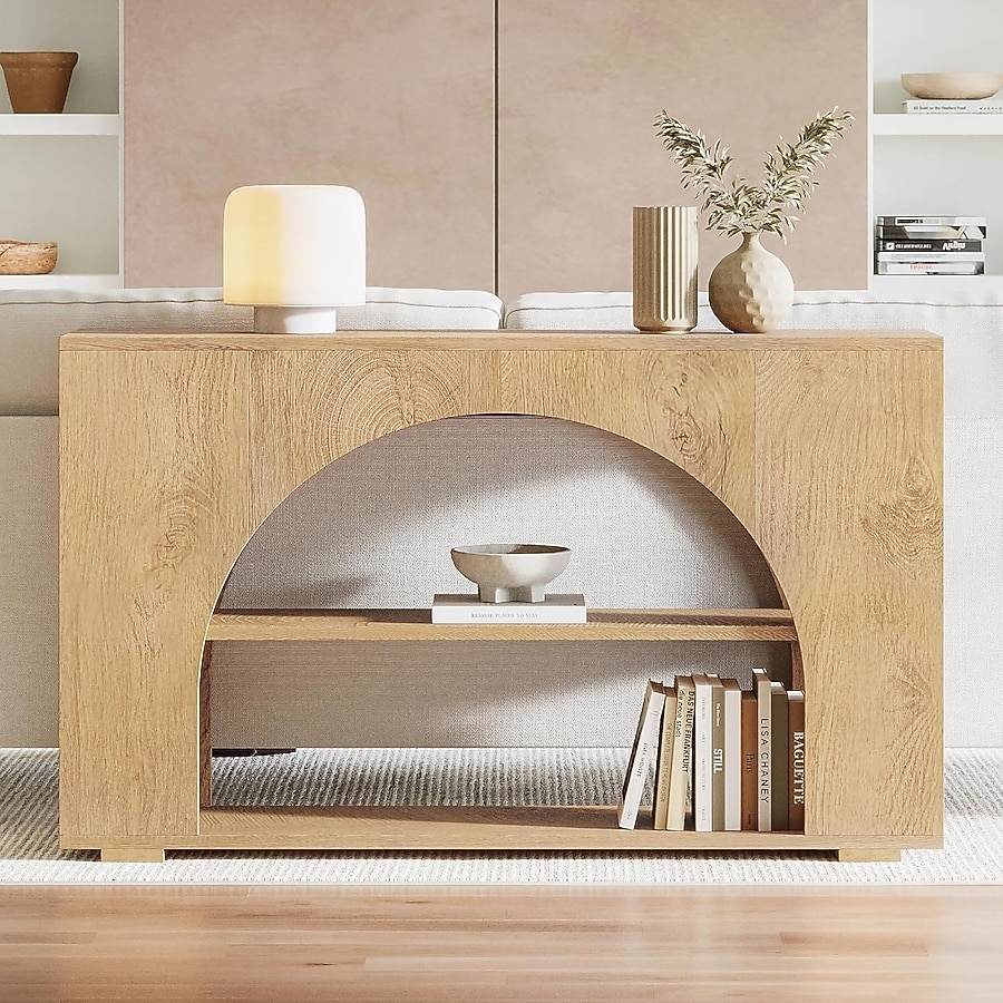 Console Table: Three Tier Shelving Arched Natural Wood Unit