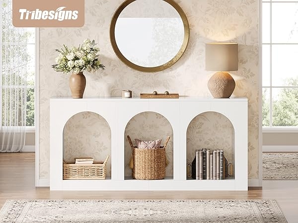 Console Table: Triple Niche Arched Shelf Long White Storage