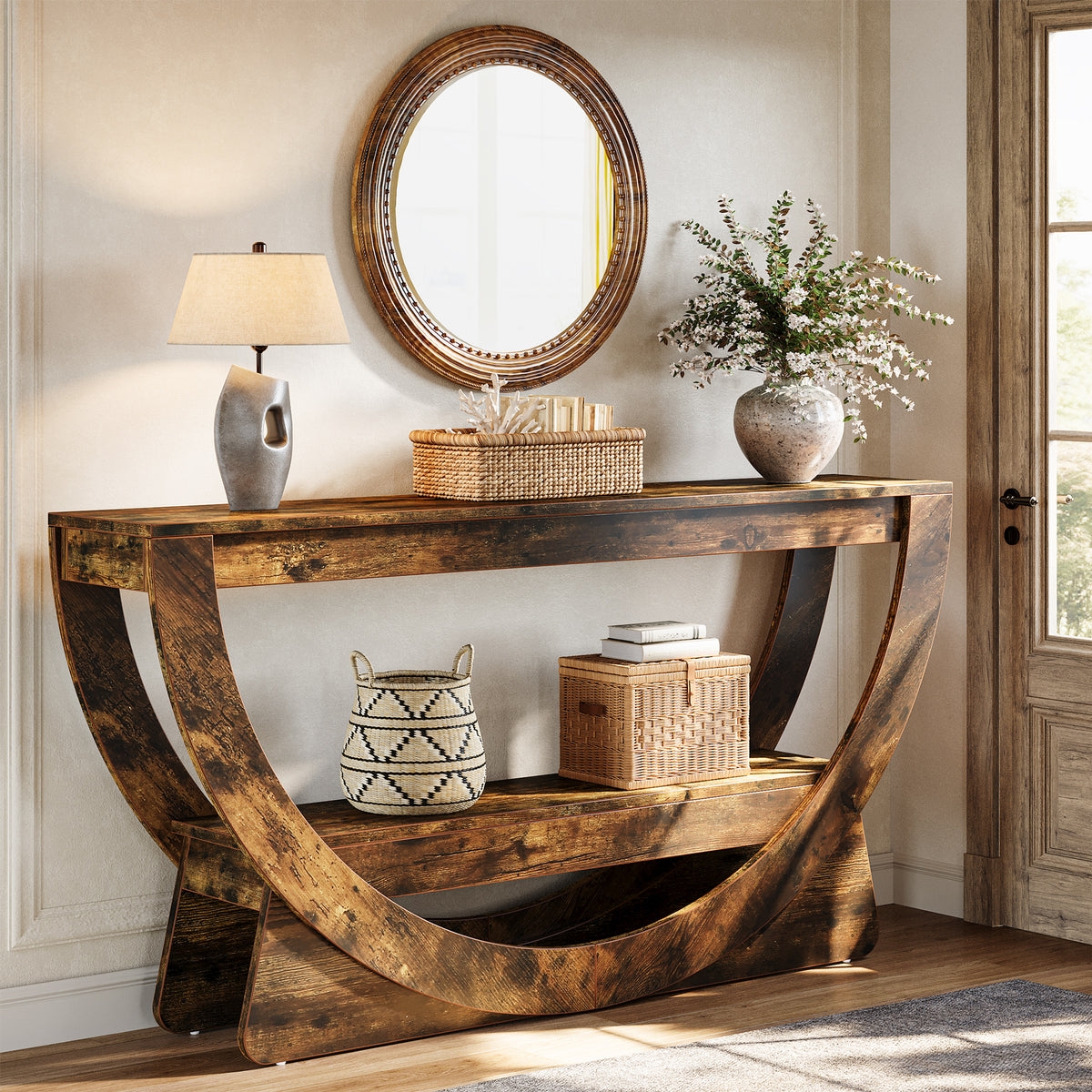 Console Table Two Tier Arched Frame Distressed Brown Wood