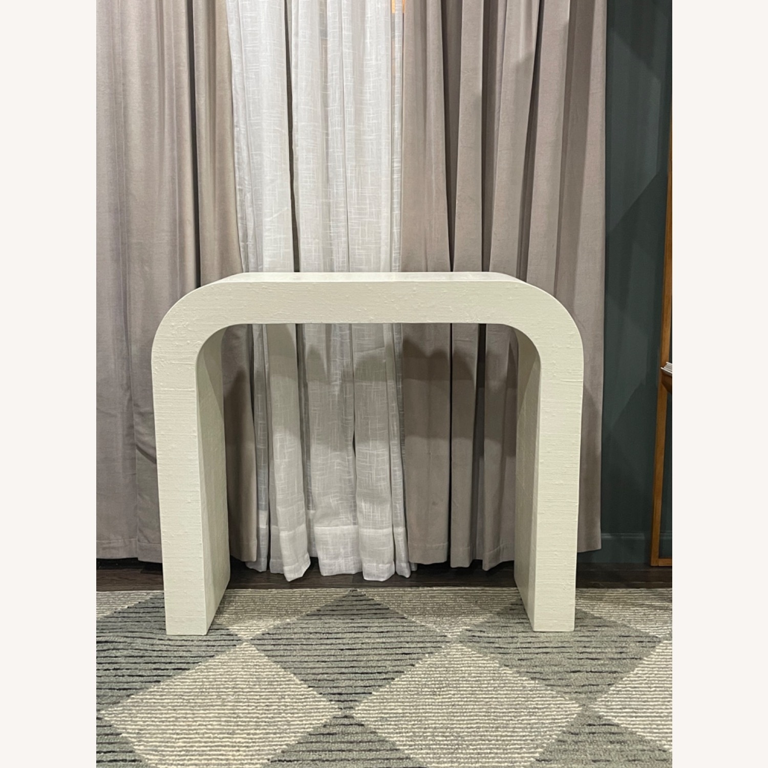 Console Table: U Shaped Base Ivory Lacquered Linen Accent Piece