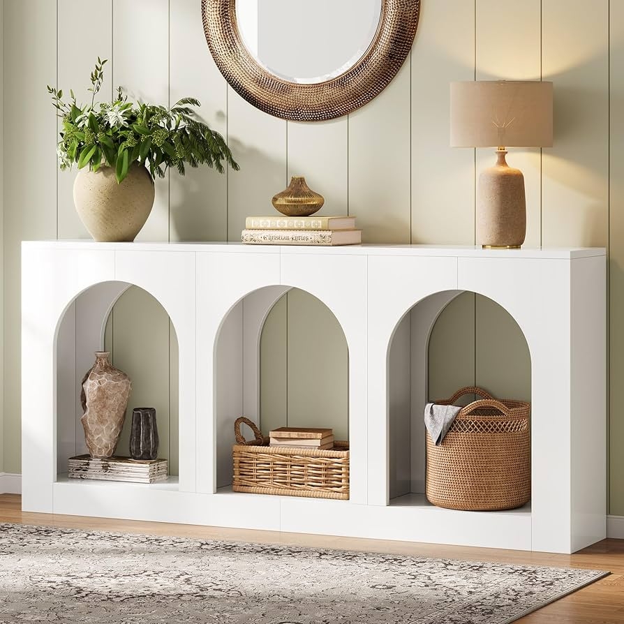 Console Table White Finish Arched Shelves Long Foyer Stand