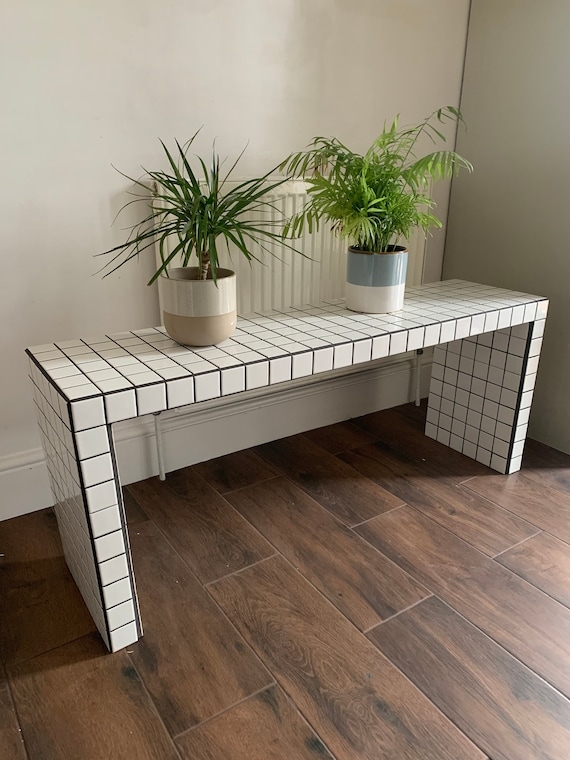 Console Table White Tiled Grid Pattern Waterfall Edge