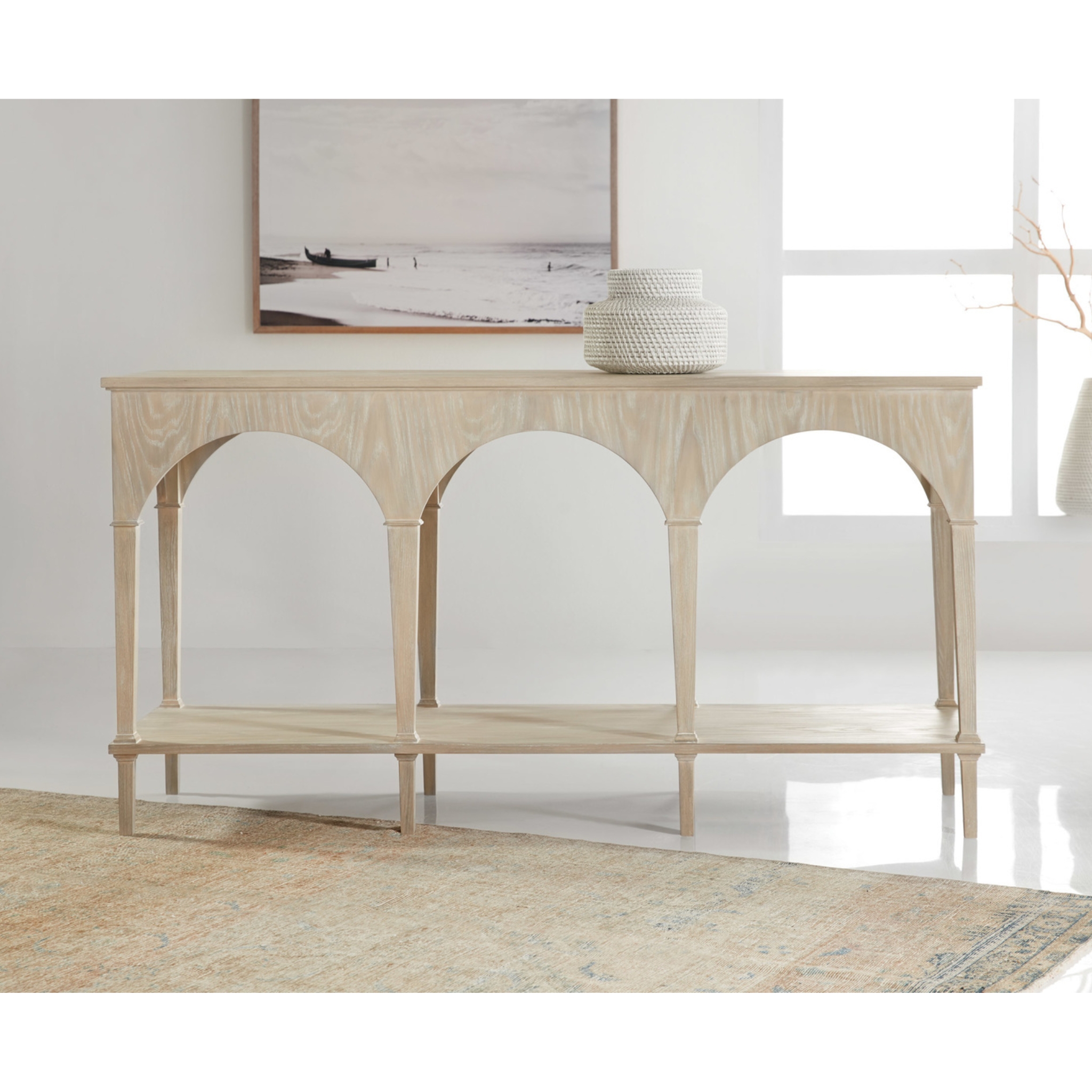 Console Table Whitewashed Finish Triple Arched Apron Light